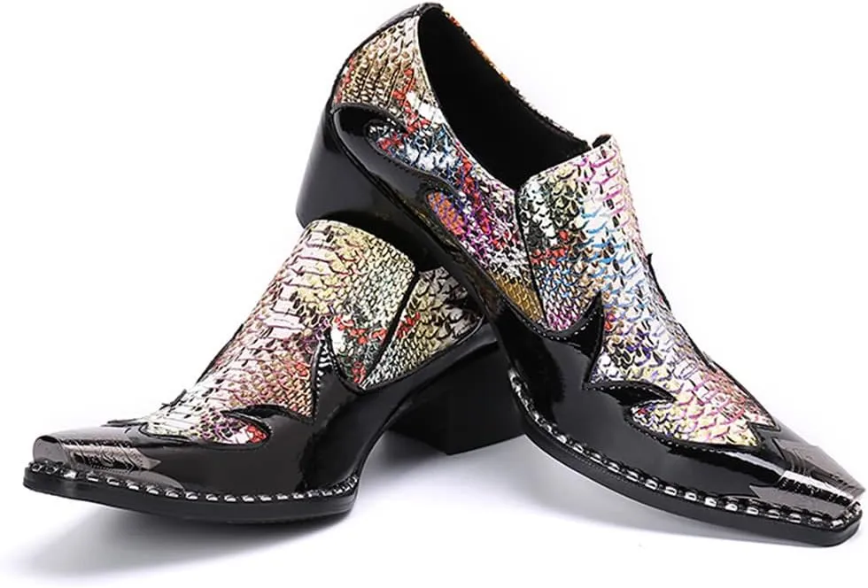 Santimon Men's High Cuban Heel Dress Loafers Metal Cap Fashion Leather Snake Print Ballroom Formal Party Dancing Nightclub Shoes for Men