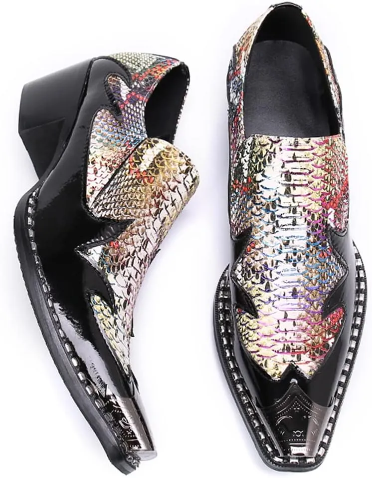 Santimon Men's High Cuban Heel Dress Loafers Metal Cap Fashion Leather Snake Print Ballroom Formal Party Dancing Nightclub Shoes for Men
