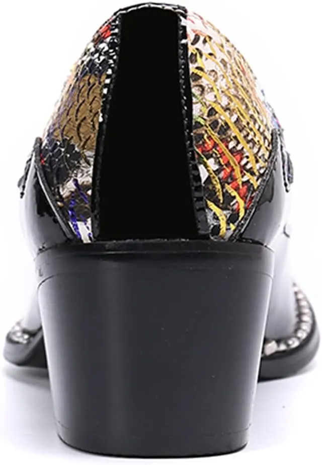 Santimon Men's High Cuban Heel Dress Loafers Metal Cap Fashion Leather Snake Print Ballroom Formal Party Dancing Nightclub Shoes for Men