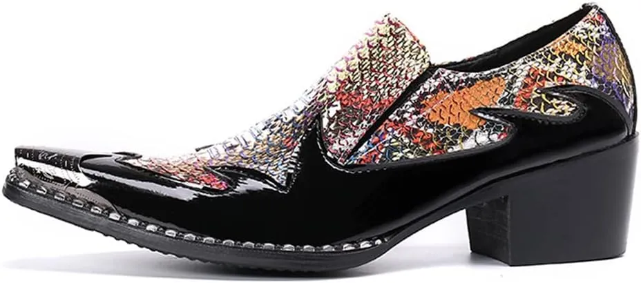 Santimon Men's High Cuban Heel Dress Loafers Metal Cap Fashion Leather Snake Print Ballroom Formal Party Dancing Nightclub Shoes for Men