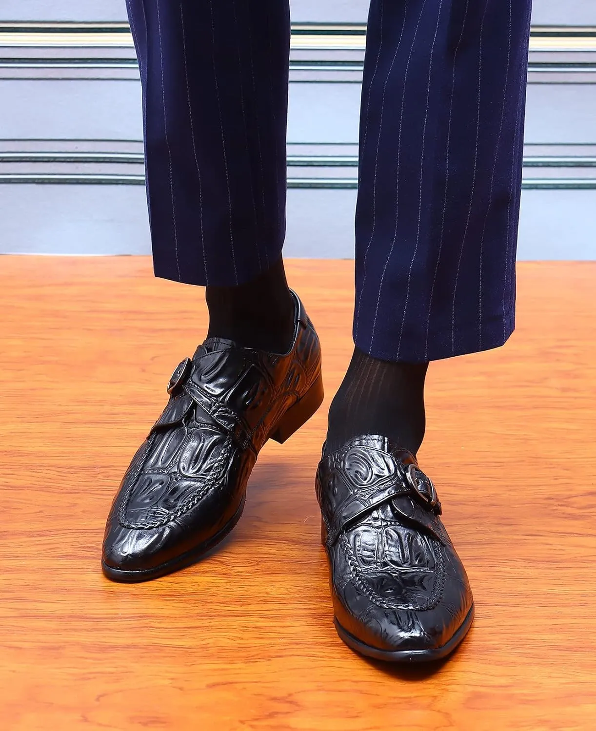 Santimon Men's Loafers Slip on Formal Dress Leather Buckle Alligator Patent Penny Loafers Comfort Fashion Business Walking Shoes