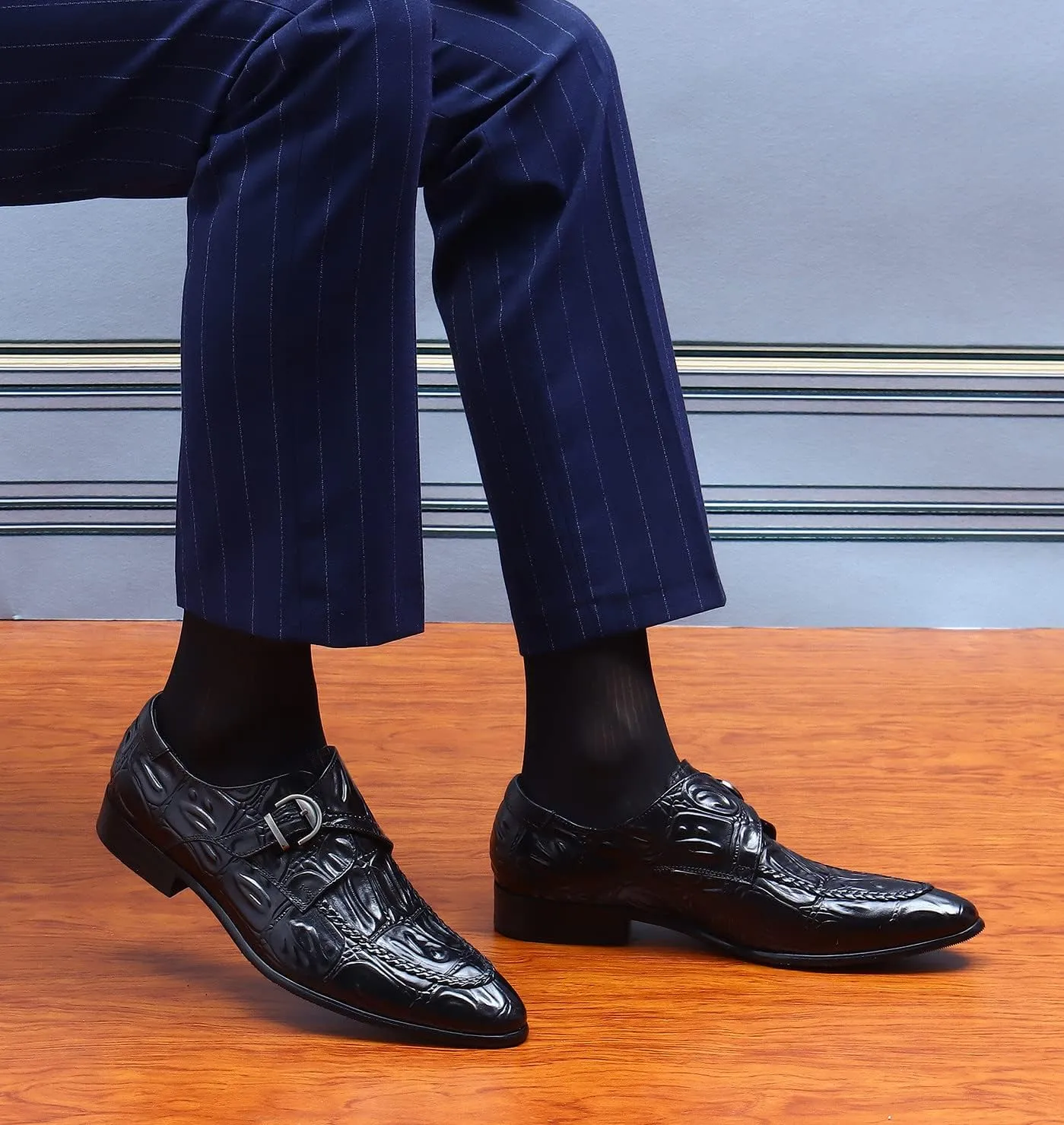 Santimon Men's Loafers Slip on Formal Dress Leather Buckle Alligator Patent Penny Loafers Comfort Fashion Business Walking Shoes