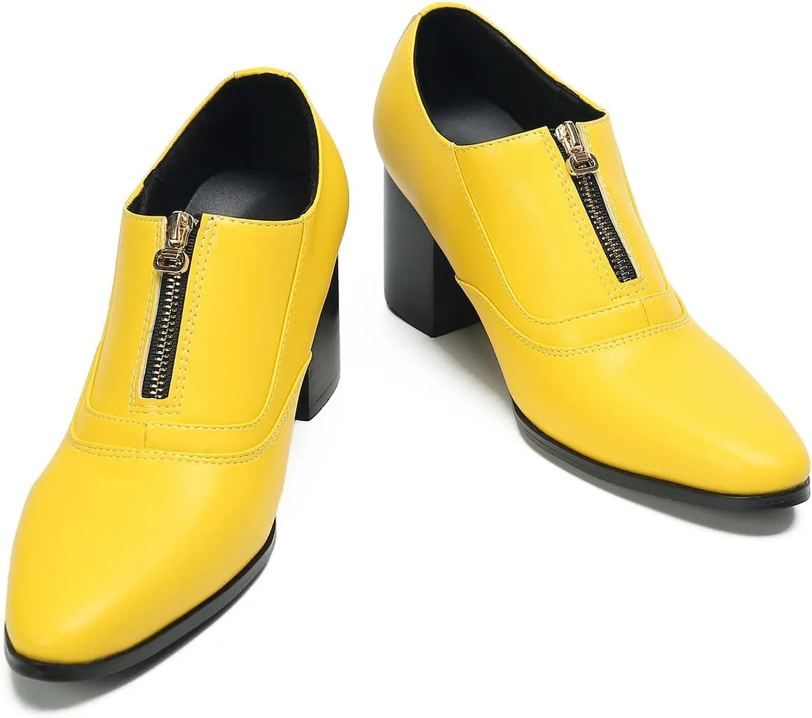 Santimon Men's Pump Slip On Loafers Party Dress Casual Leather Shoes Fashion Western Prom Wedding Disco Zipper Heels Shoes for Men Boys