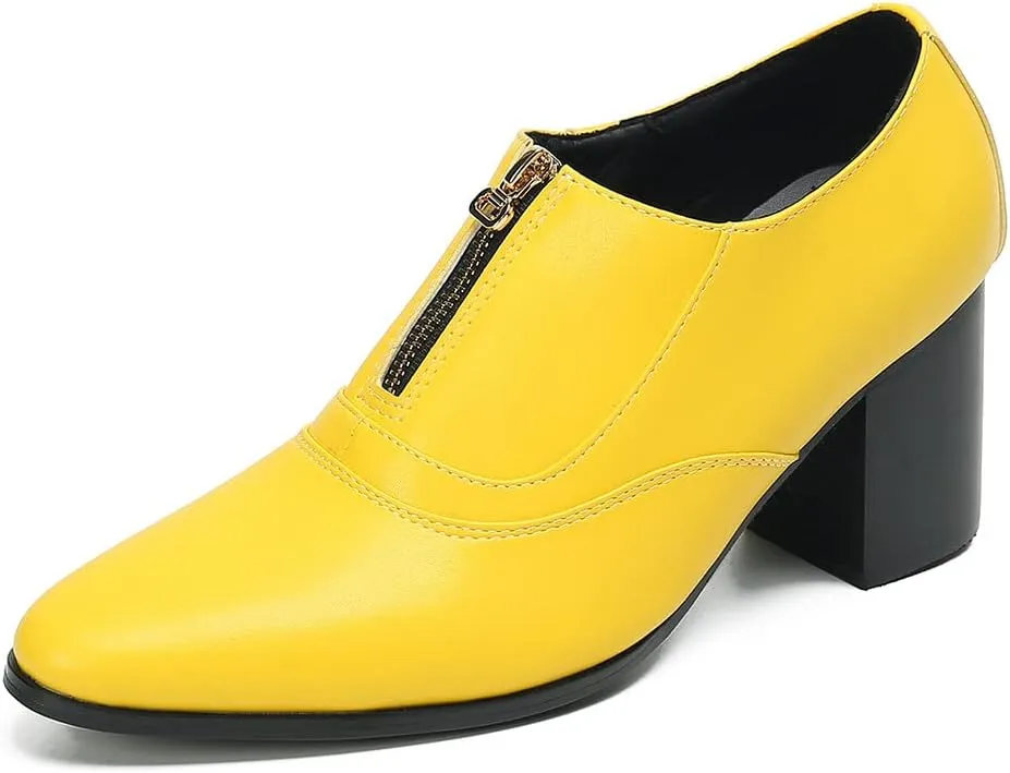 Santimon Men's Pump Slip On Loafers Party Dress Casual Leather Shoes Fashion Western Prom Wedding Disco Zipper Heels Shoes for Men Boys