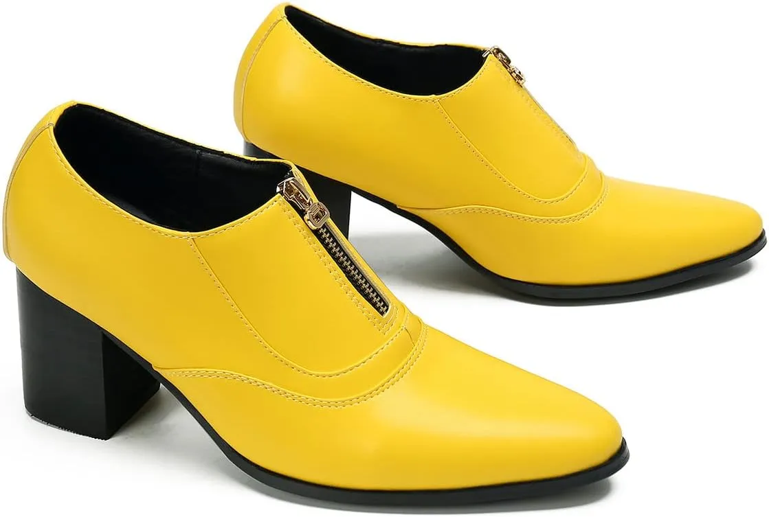 Santimon Men's Pump Slip On Loafers Party Dress Casual Leather Shoes Fashion Western Prom Wedding Disco Zipper Heels Shoes for Men Boys