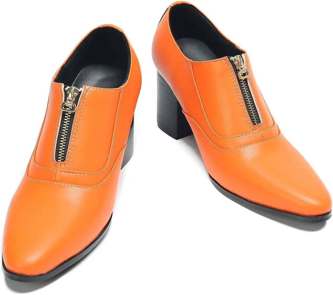 Santimon Men's Pump Slip On Loafers Party Dress Casual Leather Shoes Fashion Western Prom Wedding Disco Zipper Heels Shoes for Men Boys