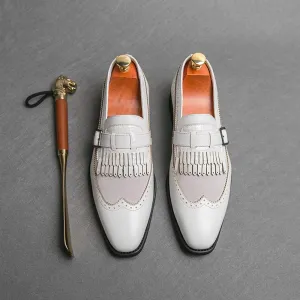 Santimon Men's Wingtip Brogue Leather Fringed Loafers Monk Strap Slip-On Spectator Shoes Black White Brown