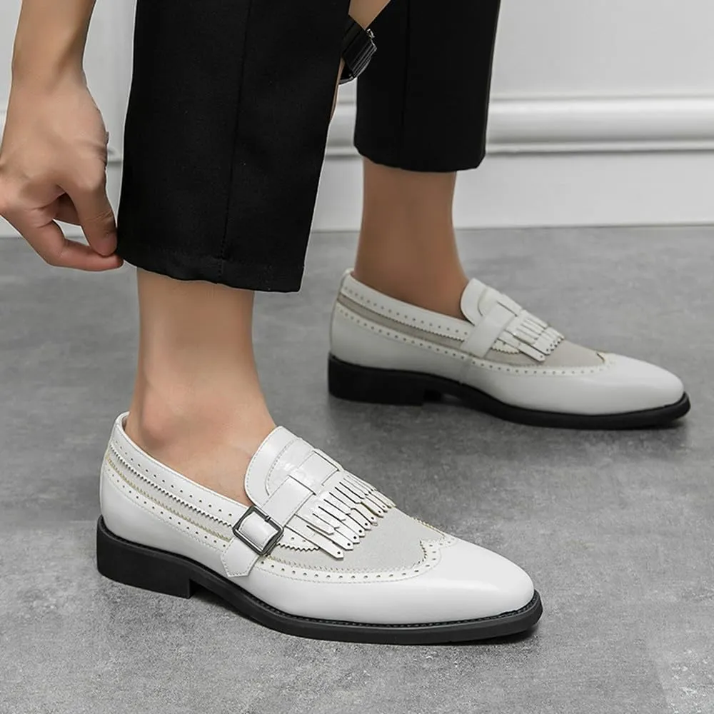 Santimon Men's Wingtip Brogue Leather Fringed Loafers Monk Strap Slip-On Spectator Shoes Black White Brown