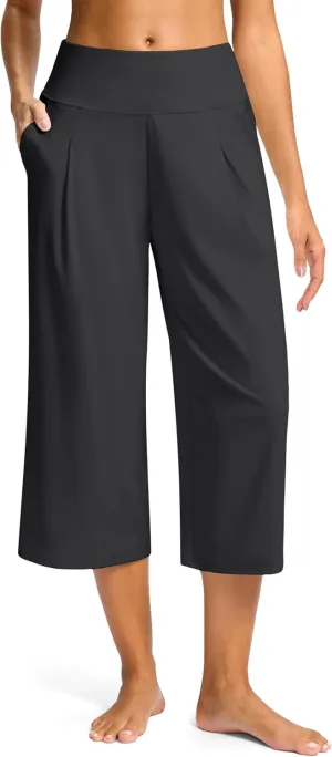 SANTINY Capri Pants for Women Wide Leg Yoga Casual Cropped Pants with Pockets Loose Tummy Control High Waist Capris