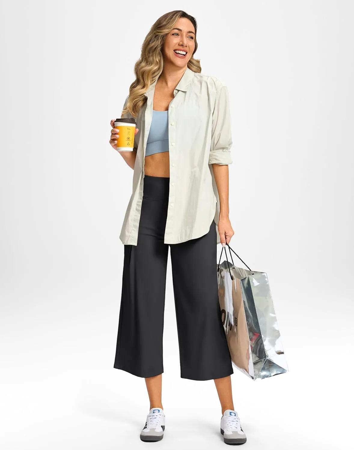 SANTINY Capri Pants for Women Wide Leg Yoga Casual Cropped Pants with Pockets Loose Tummy Control High Waist Capris