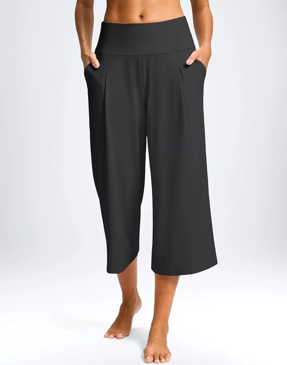 SANTINY Capri Pants for Women Wide Leg Yoga Casual Cropped Pants with Pockets Loose Tummy Control High Waist Capris