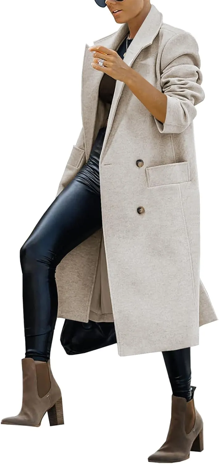 Saodimallsu Womens Trench Coat Winter Lapel Double Breasted Long Pea Coat Casual Work Office Overcoat with Pocket