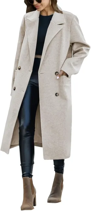 Saodimallsu Womens Trench Coat Winter Lapel Double Breasted Long Pea Coat Casual Work Office Overcoat with Pocket
