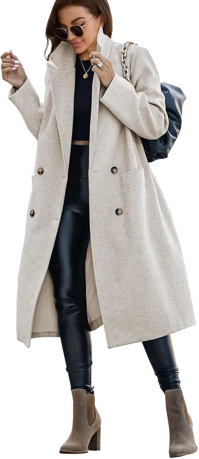 Saodimallsu Womens Trench Coat Winter Lapel Double Breasted Long Pea Coat Casual Work Office Overcoat with Pocket