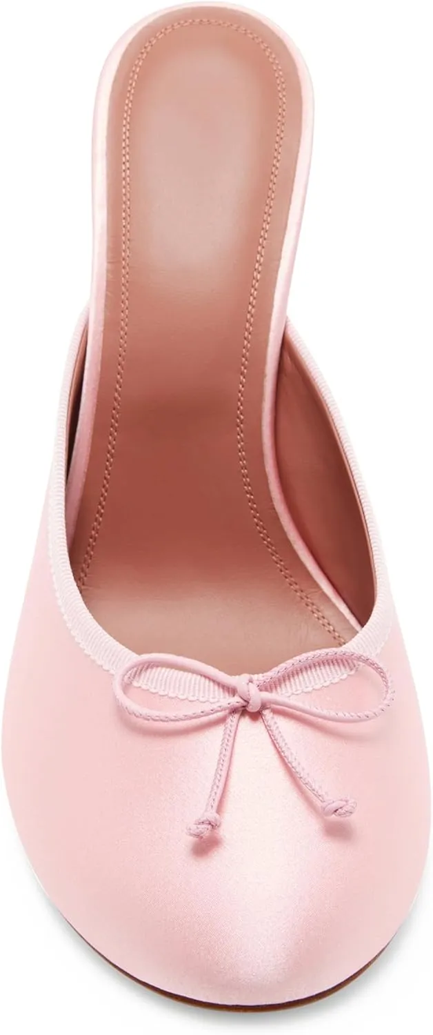Satin Ballet Mules for Women Bow Tie Vintage Stiletto Heel Mule Round Toe Ballet Style Kitten Heel Pumps