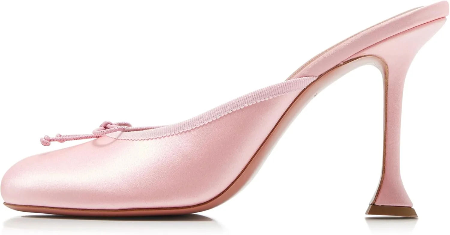 Satin Ballet Mules for Women Bow Tie Vintage Stiletto Heel Mule Round Toe Ballet Style Kitten Heel Pumps