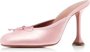 Satin Ballet Mules for Women Bow Tie Vintage Stiletto Heel Mule Round Toe Ballet Style Kitten Heel Pumps