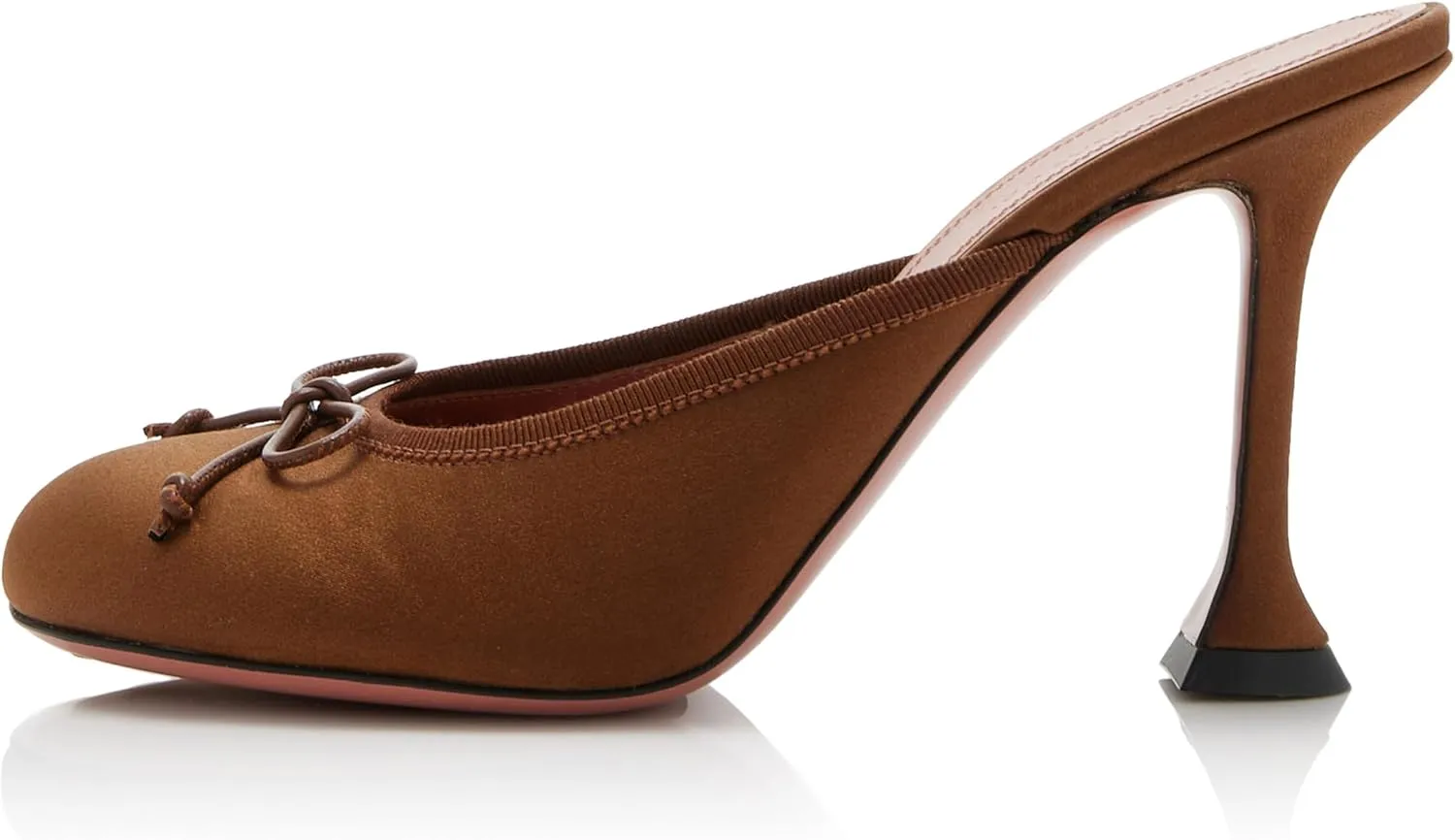 Satin Ballet Mules for Women Bow Tie Vintage Stiletto Heel Mule Round Toe Ballet Style Kitten Heel Pumps