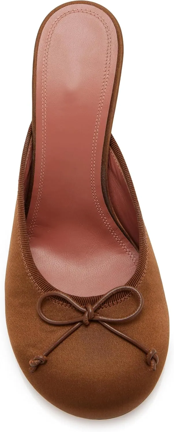 Satin Ballet Mules for Women Bow Tie Vintage Stiletto Heel Mule Round Toe Ballet Style Kitten Heel Pumps
