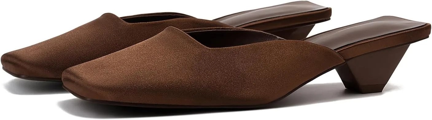 Satin Mid-low Heels Muller Sandals for Women, Closed Square Toe Kitten Heels Slip On Mules for Wedding Party Dance Dressy Casual Summer Pumps