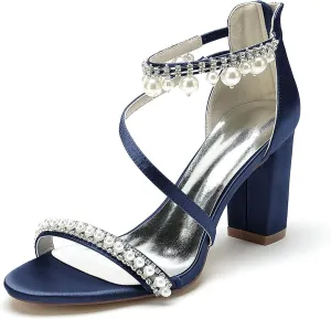 Satin Pearls Block Heel Wedding Shoes for Bride Open Toe Zipper Back Women Chunky Heels Formal Party Dress Heeled Sandals 8.5Cm