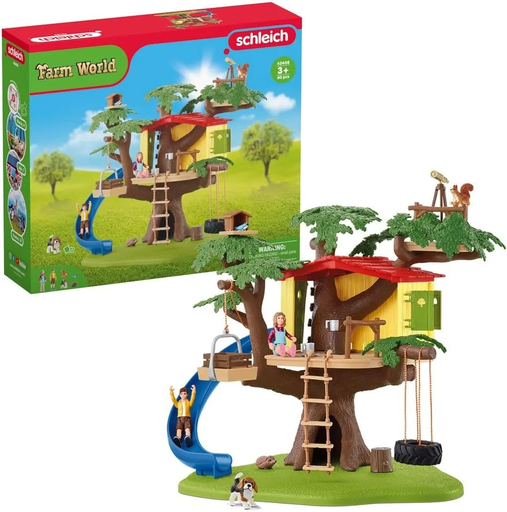 Schleich Farm World - 60PC Adventure Tree House Playset with 2 Child Figurines, Dog and Accessories - Realistic Farm Play Set Figures for Imaginative Play - Toys for Children, Toddlers Ages 3  - 42408
