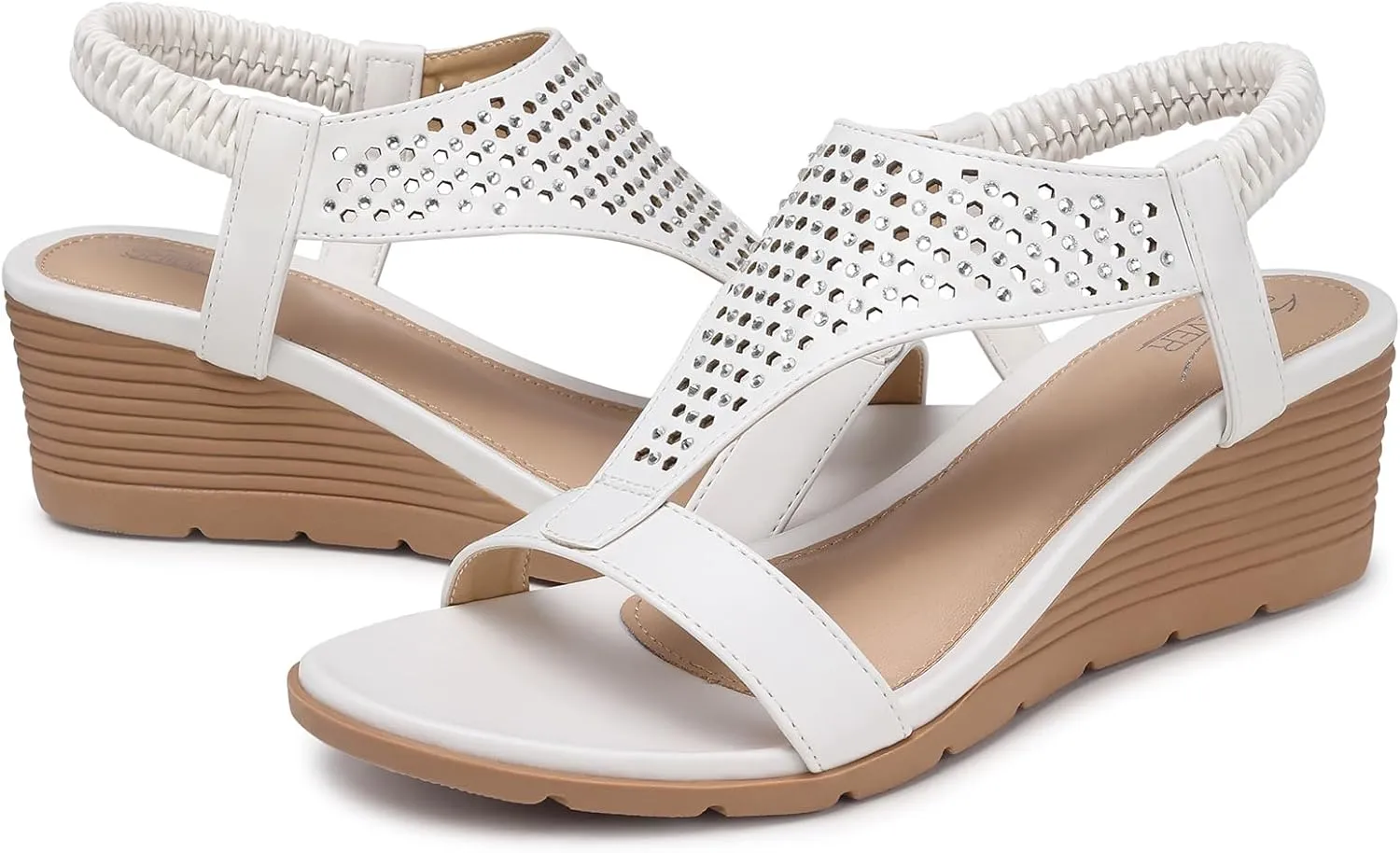SHIBEVER Womens Sandals Wedge Low: Elastic Ankle Strap Wedge Sandals - Dressy Sandals Women - Comfortable Open Toe