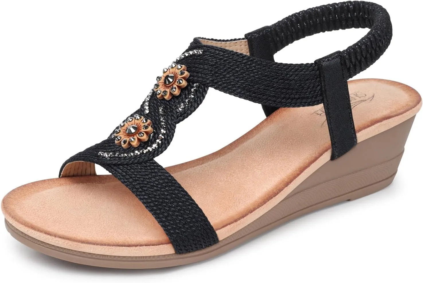 SHIBEVER Womens Sandals Wedge Low: Open Toe Elastic Ankle Strap Wedge Sandal - Dressy Sandals Women - Comfortable Summer