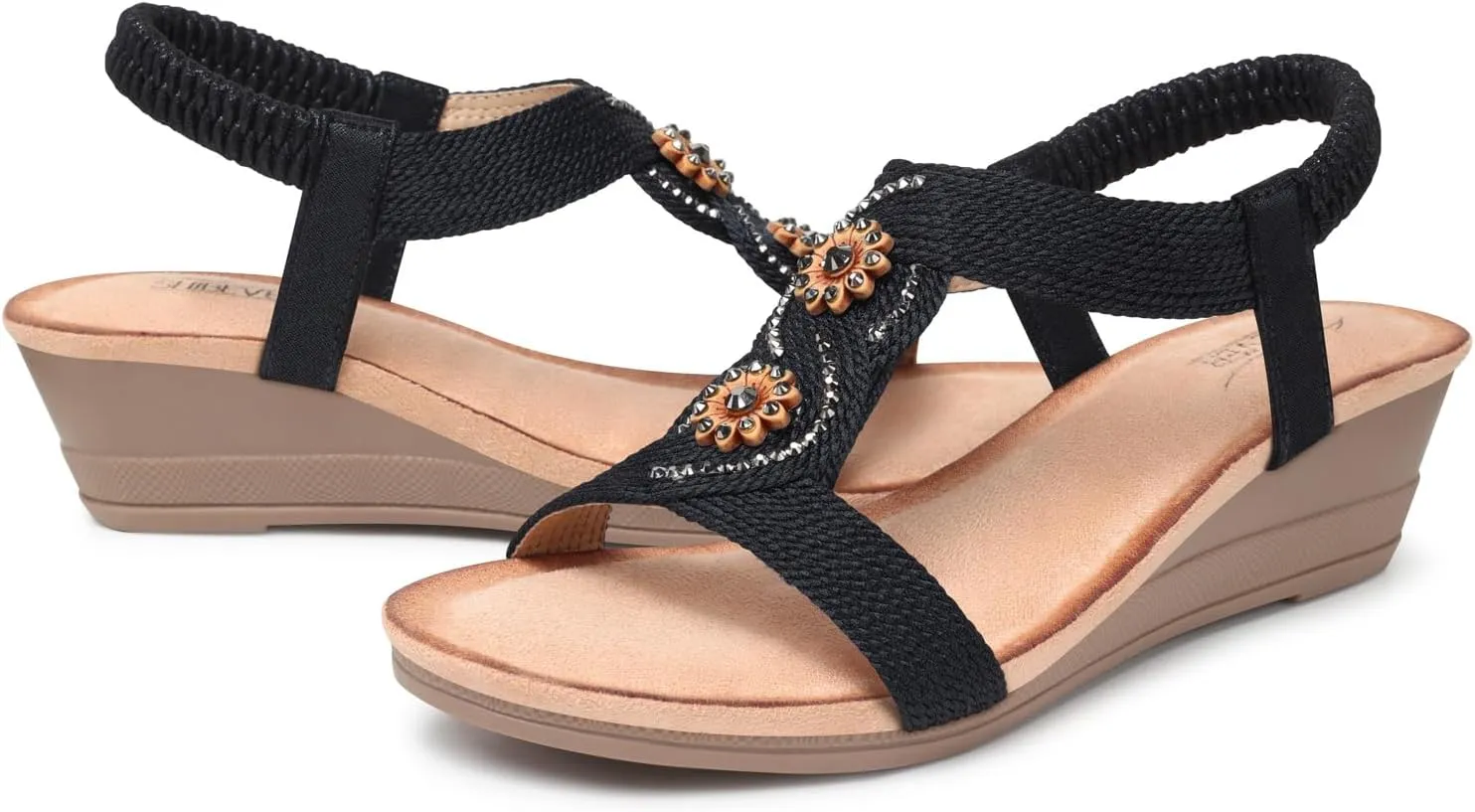 SHIBEVER Womens Sandals Wedge Low: Open Toe Elastic Ankle Strap Wedge Sandal - Dressy Sandals Women - Comfortable Summer