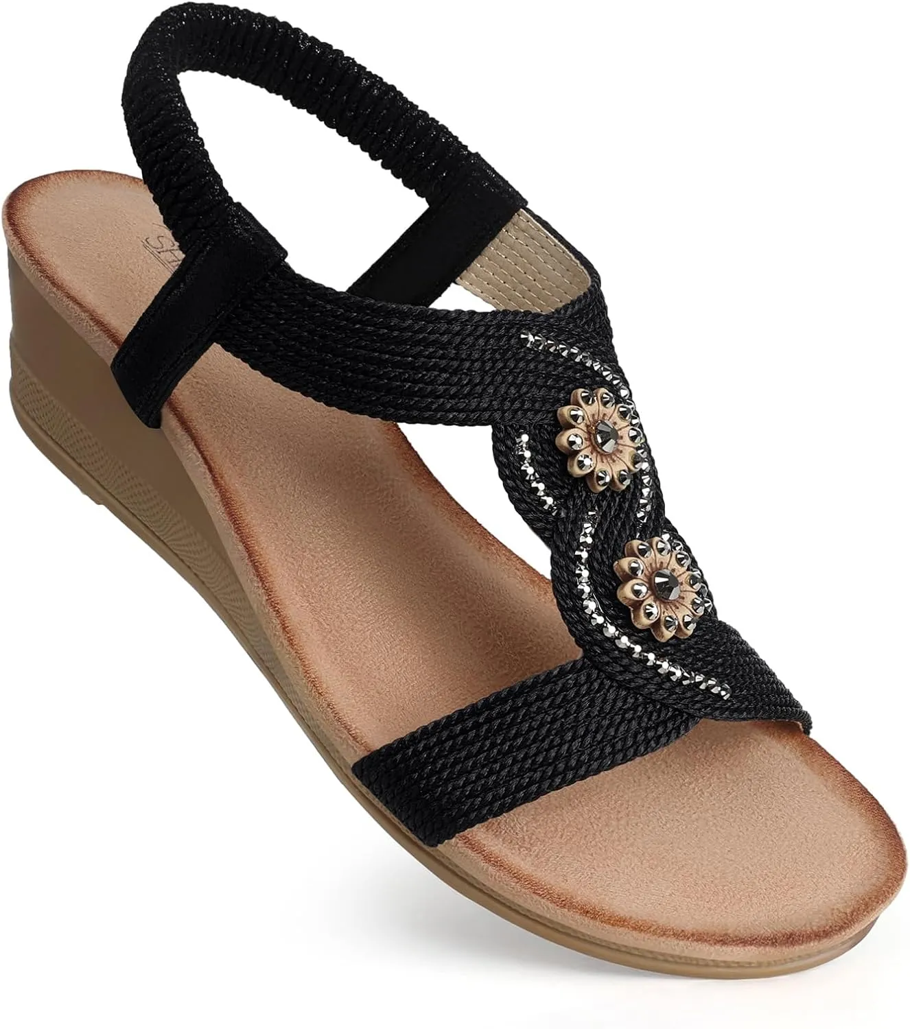 SHIBEVER Womens Sandals Wedge Low: Open Toe Elastic Ankle Strap Wedge Sandal - Dressy Sandals Women - Comfortable Summer