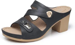 SHIBEVER Women's Summer Sandals, Low Wedge Block Heels, Comfortable PU Leather, Slip-On, Open Toe, Dressy & Casual