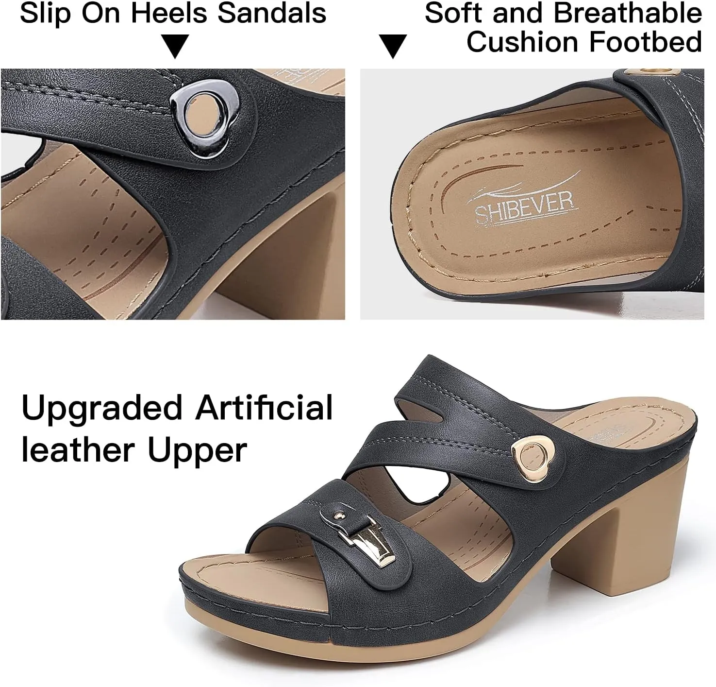 SHIBEVER Women's Summer Sandals, Low Wedge Block Heels, Comfortable PU Leather, Slip-On, Open Toe, Dressy & Casual