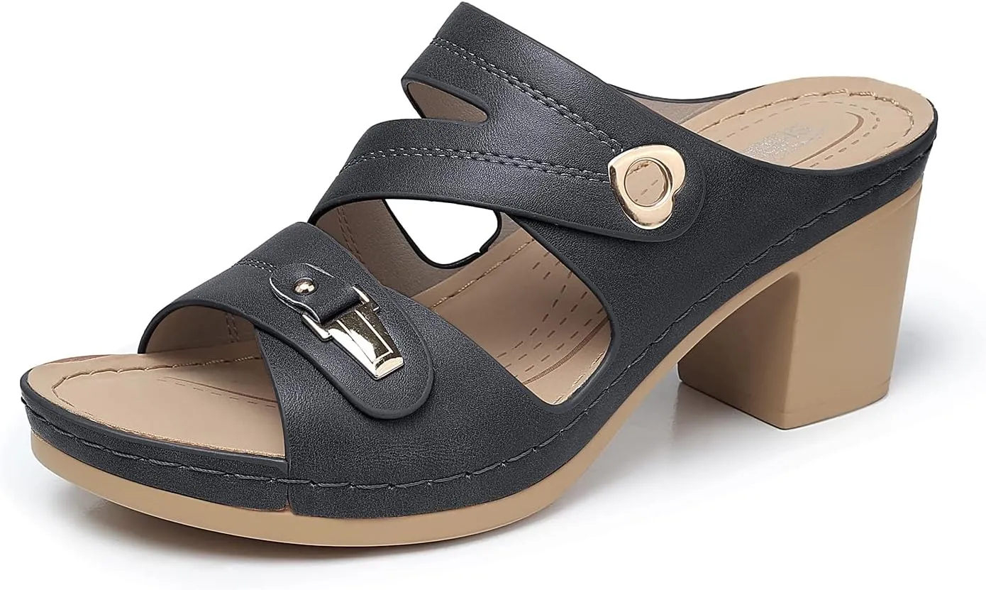 SHIBEVER Women's Summer Sandals, Low Wedge Block Heels, Comfortable PU Leather, Slip-On, Open Toe, Dressy & Casual