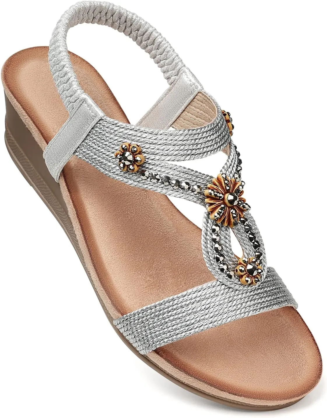 SHIBEVER Womens Wedge Sandals Flower Low Heel Dressy Sandals Elastic Ankle Strap Rhinestone Summer Comfortable Shoe