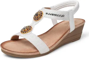 SHIBEVER Womens Wedge Sandals Flower Low Heel Dressy Sandals Elastic Ankle Strap Rhinestone Summer Comfortable Shoe