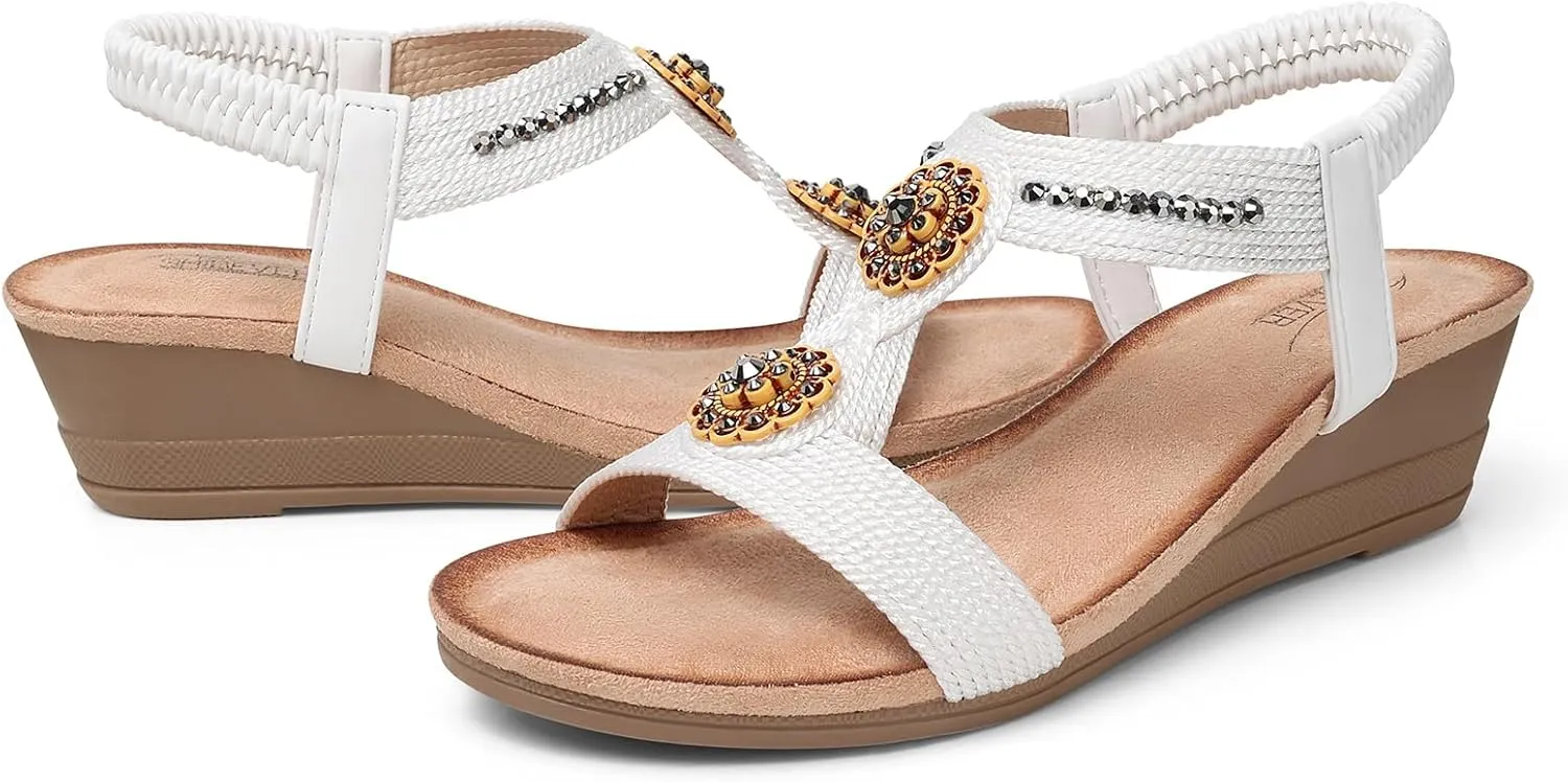 SHIBEVER Womens Wedge Sandals Flower Low Heel Dressy Sandals Elastic Ankle Strap Rhinestone Summer Comfortable Shoe