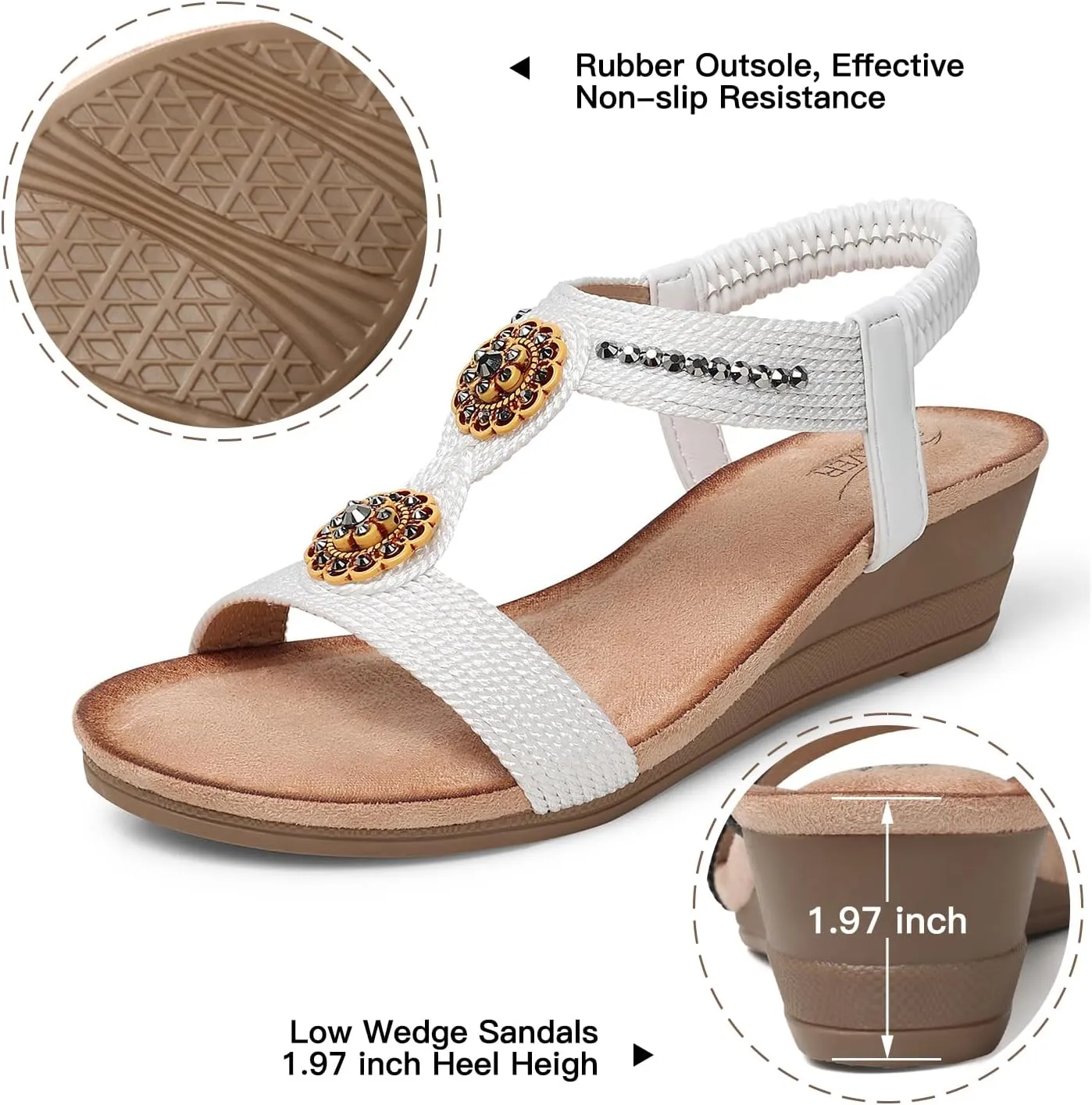 SHIBEVER Womens Wedge Sandals Flower Low Heel Dressy Sandals Elastic Ankle Strap Rhinestone Summer Comfortable Shoe