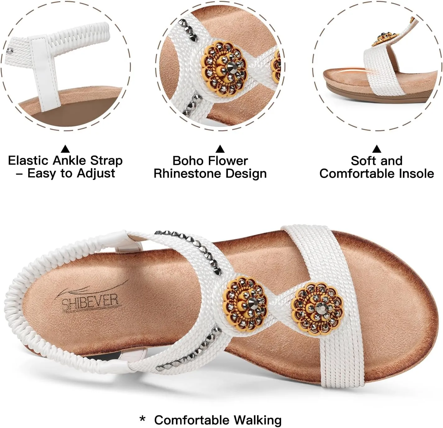 SHIBEVER Womens Wedge Sandals Flower Low Heel Dressy Sandals Elastic Ankle Strap Rhinestone Summer Comfortable Shoe
