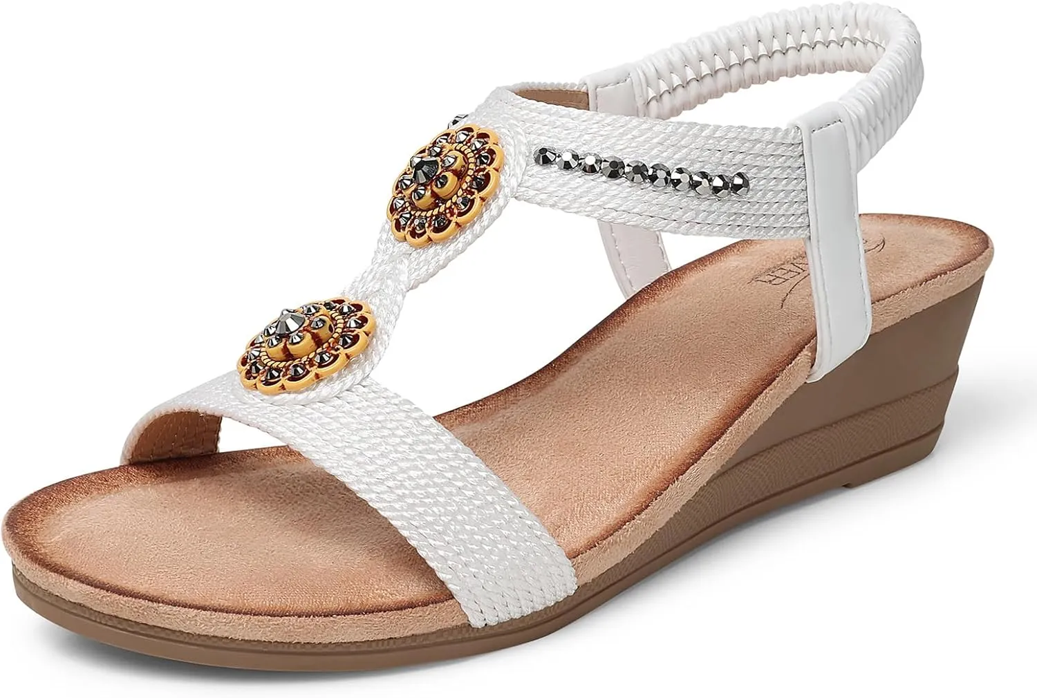 SHIBEVER Womens Wedge Sandals Flower Low Heel Dressy Sandals Elastic Ankle Strap Rhinestone Summer Comfortable Shoe
