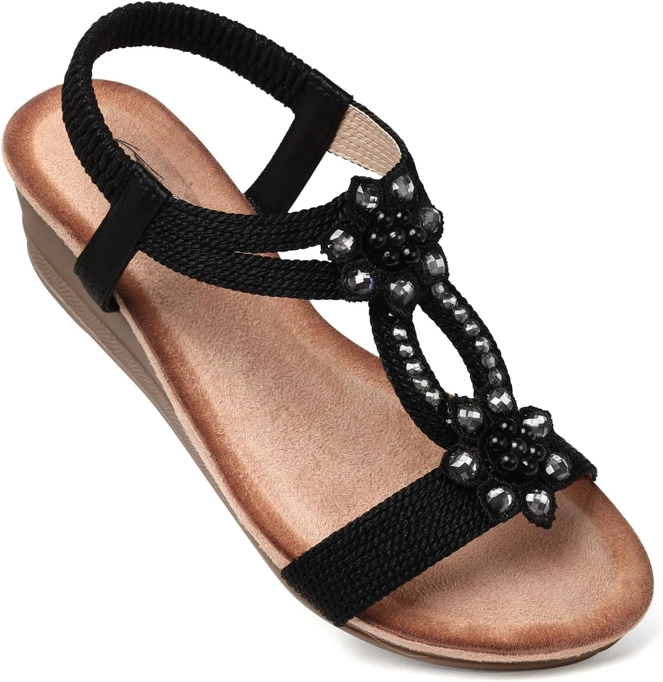 SHIBEVER Womens Wedge Sandals Flower Low Heel Dressy Sandals Elastic Ankle Strap Rhinestone Summer Comfortable Shoe