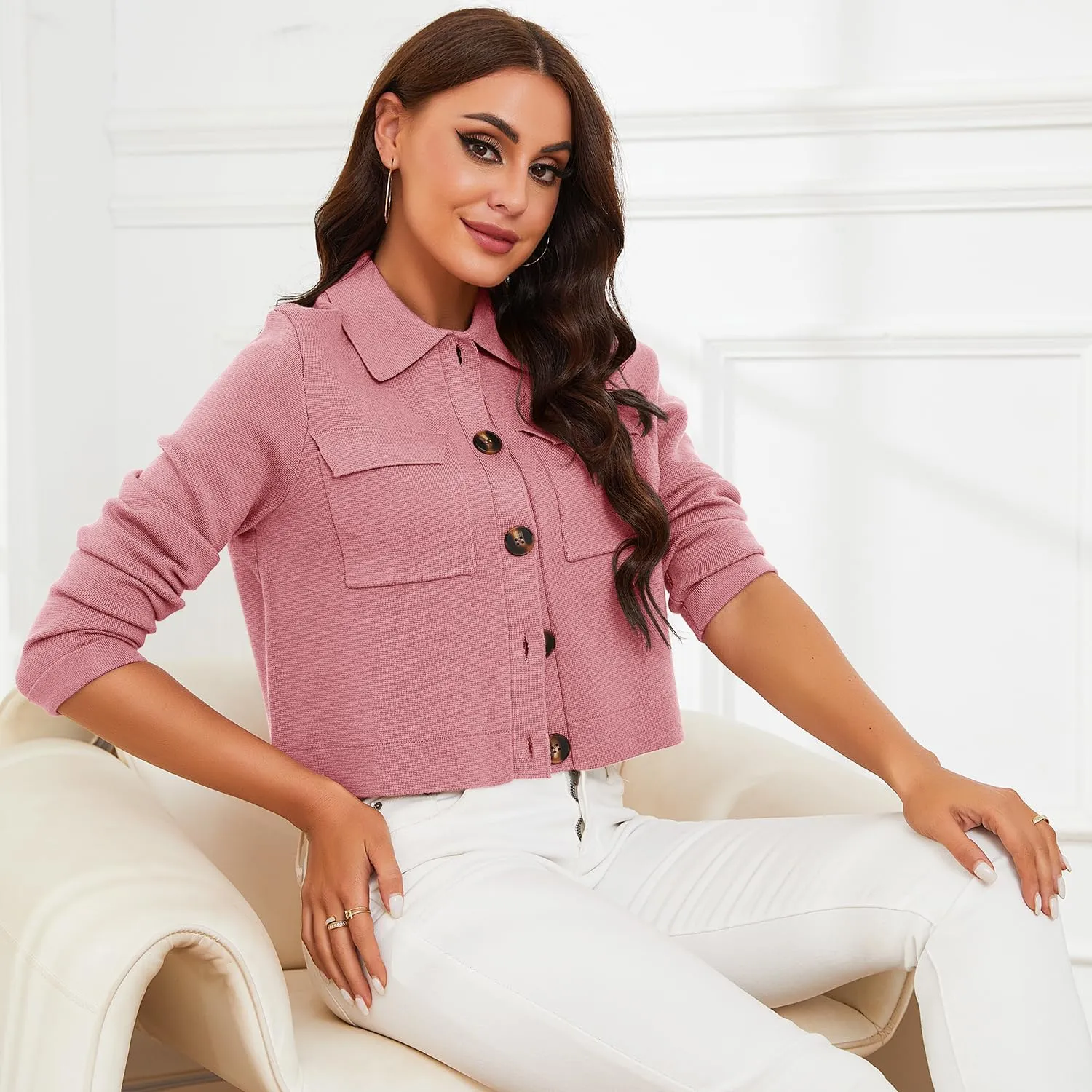 Shy Velvet Women 2025 Shackets Jacket Patch-Pocket Sweaters Merino Cardigan Open Front Button Down Cropped Jackets