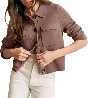 Shy Velvet Women 2025 Shackets Jacket Patch-Pocket Sweaters Merino Cardigan Open Front Button Down Cropped Jackets
