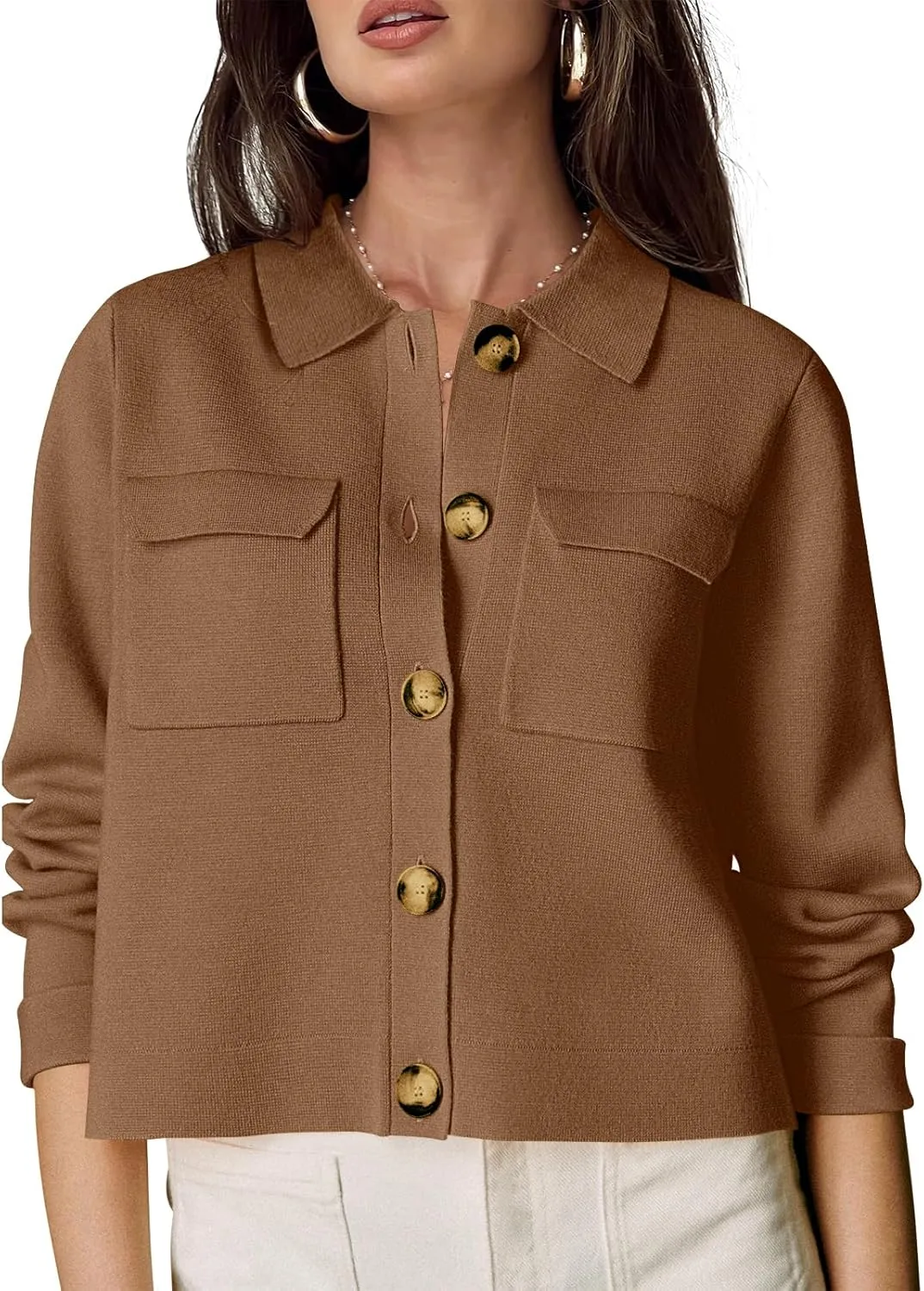 Shy Velvet Women 2025 Shackets Jacket Patch-Pocket Sweaters Merino Cardigan Open Front Button Down Cropped Jackets