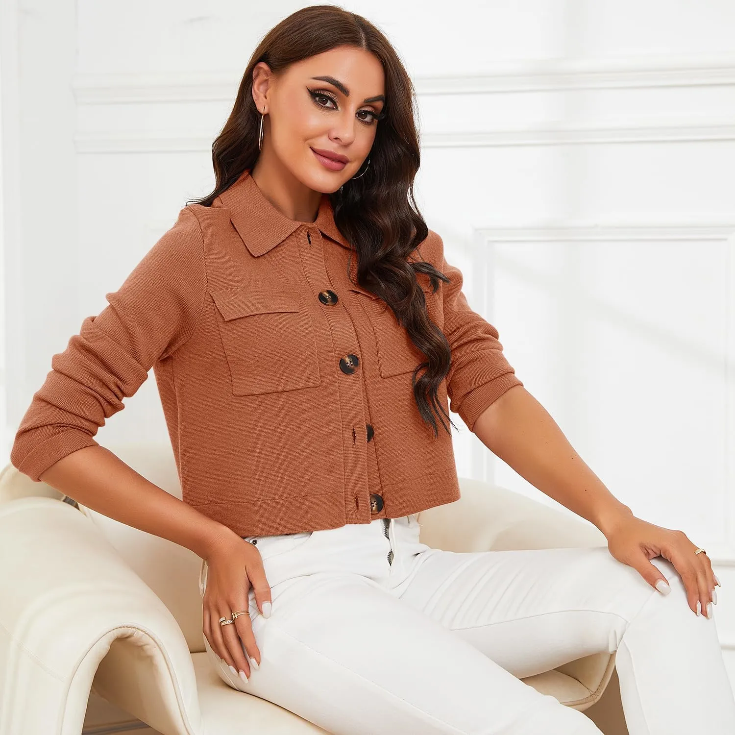 Shy Velvet Women 2025 Shackets Jacket Patch-Pocket Sweaters Merino Cardigan Open Front Button Down Cropped Jackets