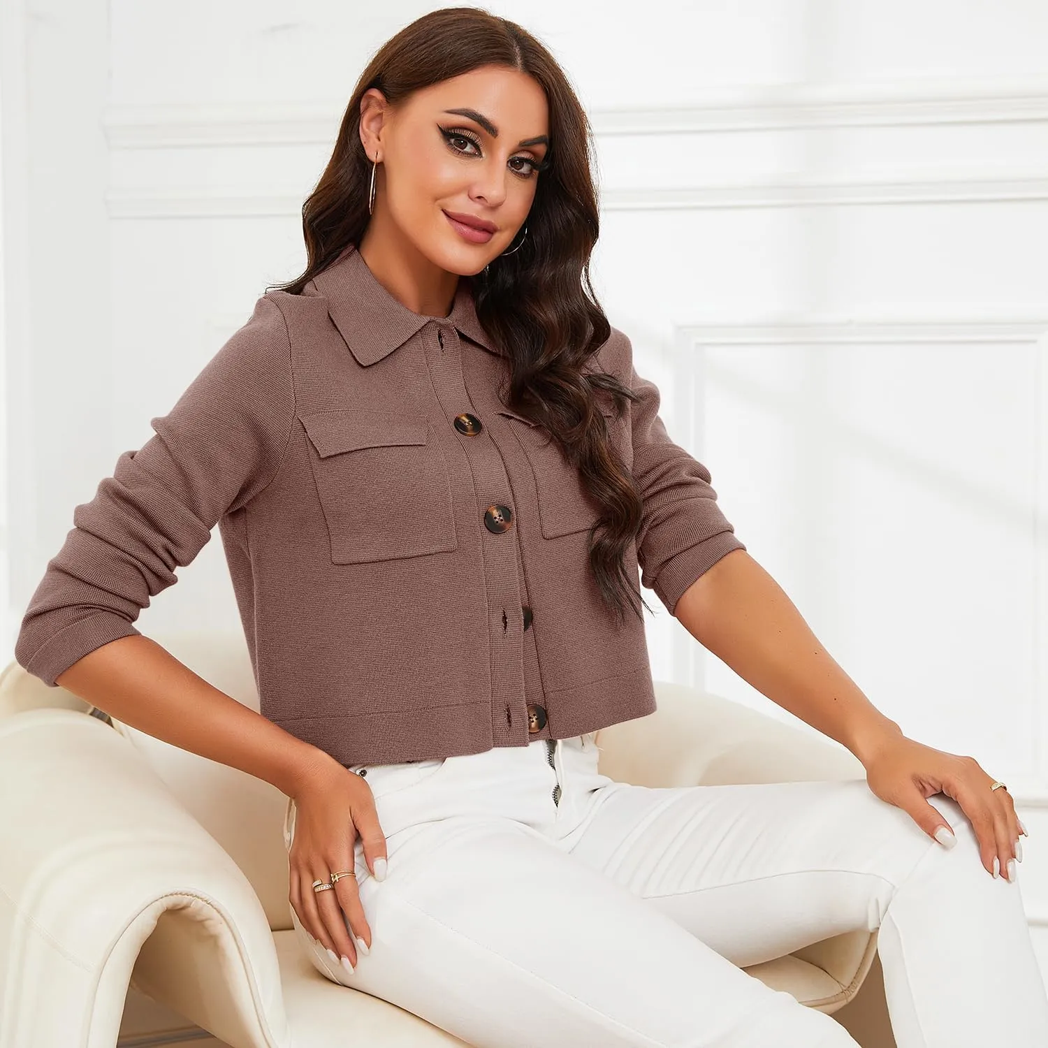 Shy Velvet Women 2025 Shackets Jacket Patch-Pocket Sweaters Merino Cardigan Open Front Button Down Cropped Jackets