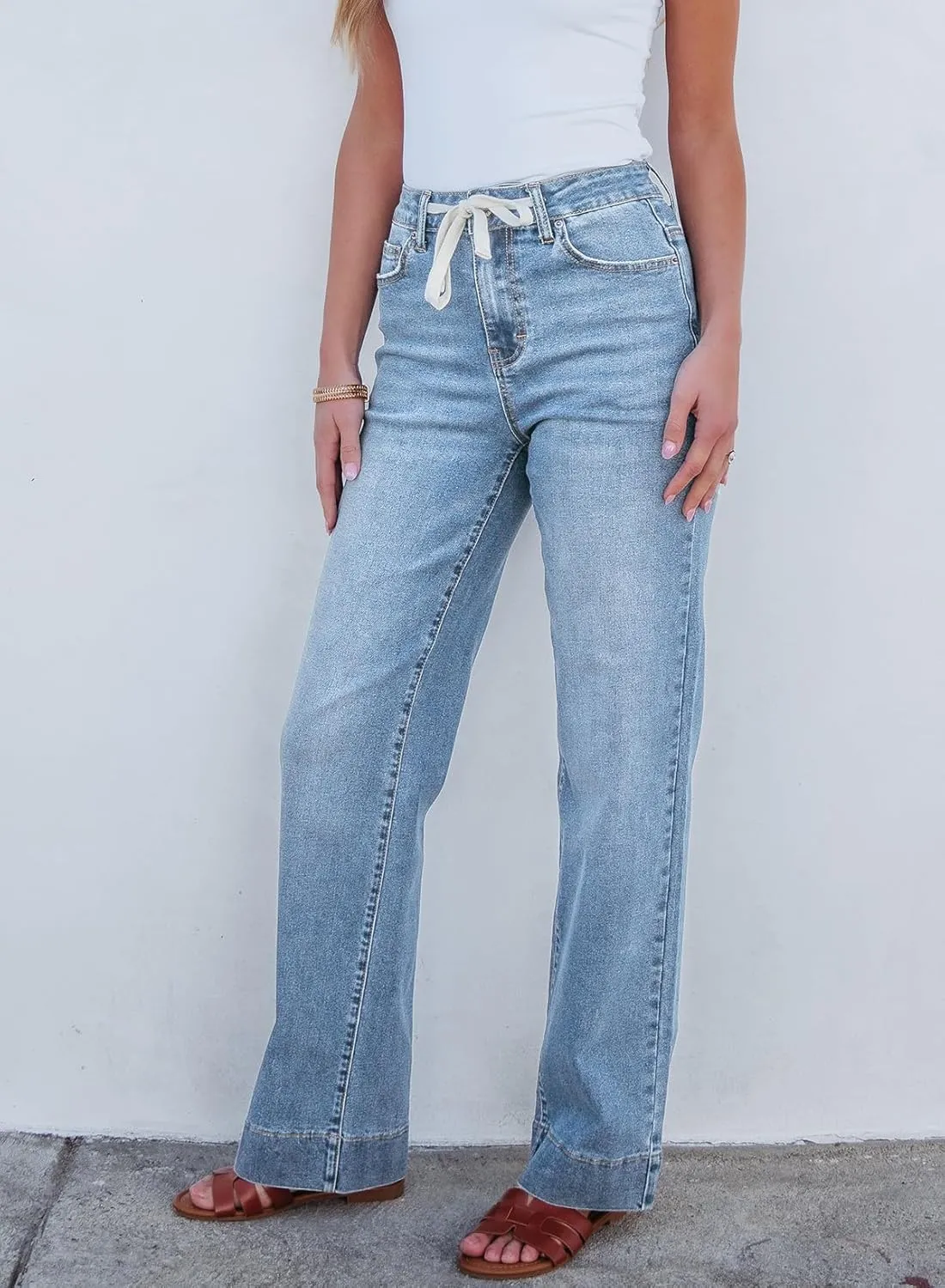 Sidefeel Women's Wide Leg Jeans High Waisted Stretchy Straight Leg Baggy Drawstring Zimbaplatinum Denim Pants