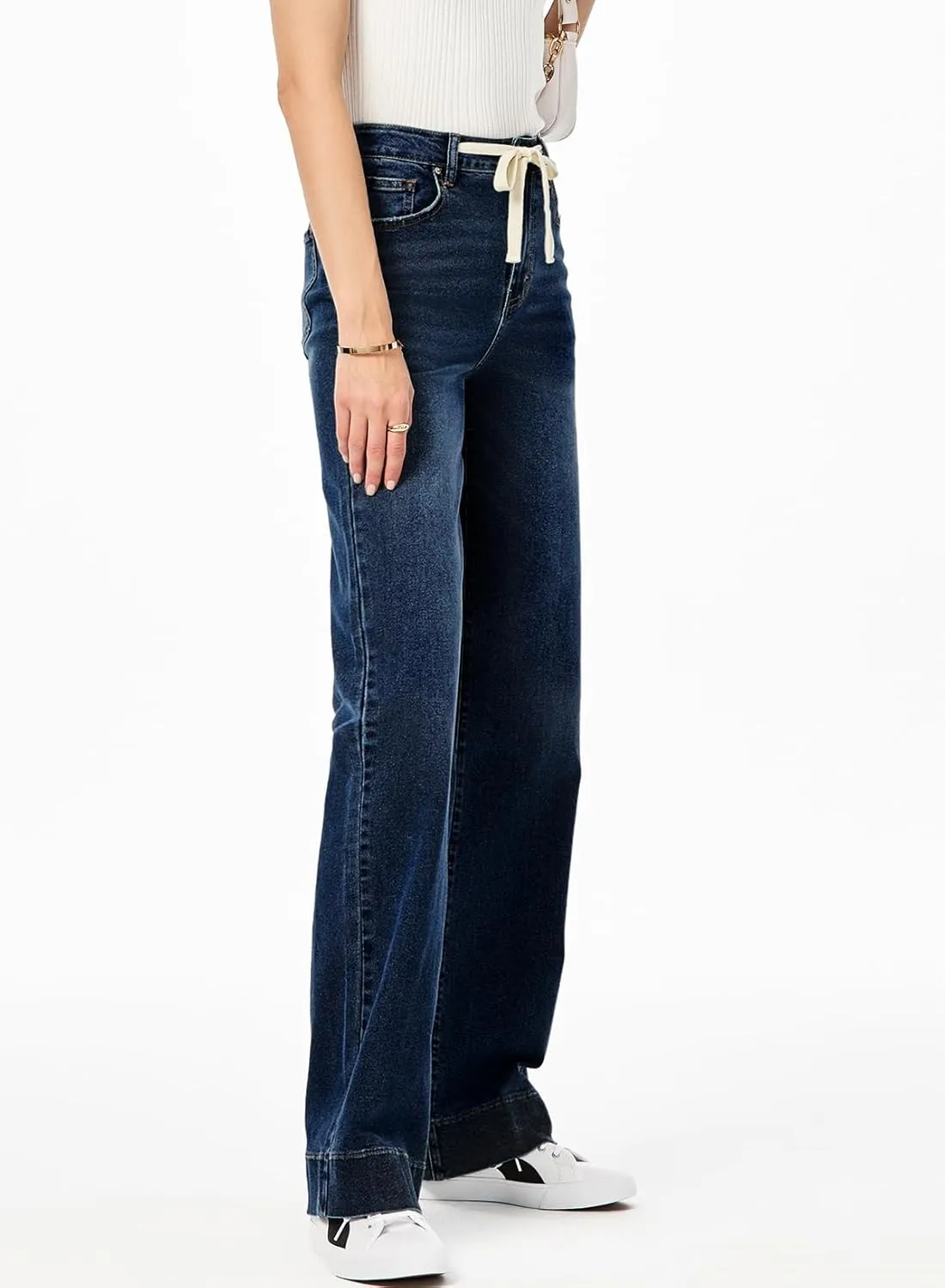 Sidefeel Women's Wide Leg Jeans High Waisted Stretchy Straight Leg Baggy Drawstring Zimbaplatinum Denim Pants