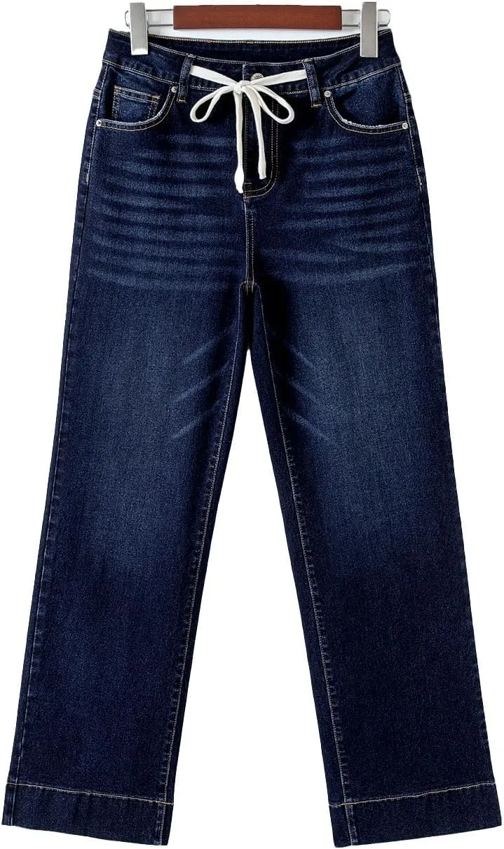 Sidefeel Women's Wide Leg Jeans High Waisted Stretchy Straight Leg Baggy Drawstring Zimbaplatinum Denim Pants