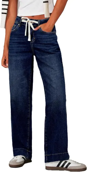 Sidefeel Women's Wide Leg Jeans High Waisted Stretchy Straight Leg Baggy Drawstring Zimbaplatinum Denim Pants