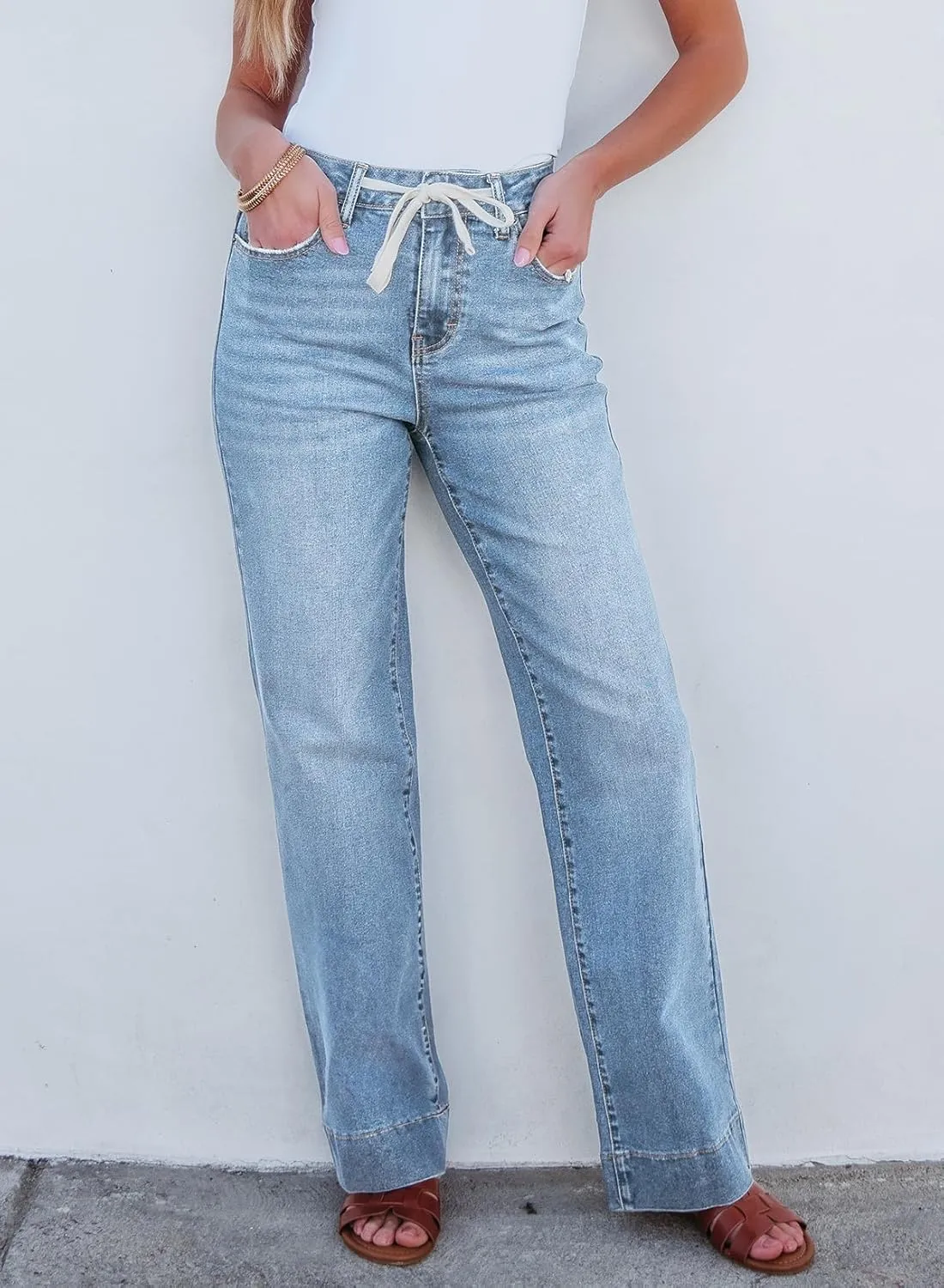 Sidefeel Women's Wide Leg Jeans High Waisted Stretchy Straight Leg Baggy Drawstring Zimbaplatinum Denim Pants